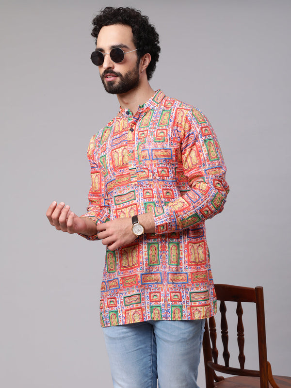 Men's Red Green Digital Print Short Kurta - Aks Men