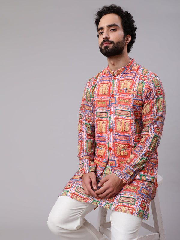 Men's Red Green Digital Print Nehru Jacket - Aks Men