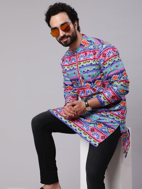 Men's Blue Red Floral Print Kurta - Aks Men