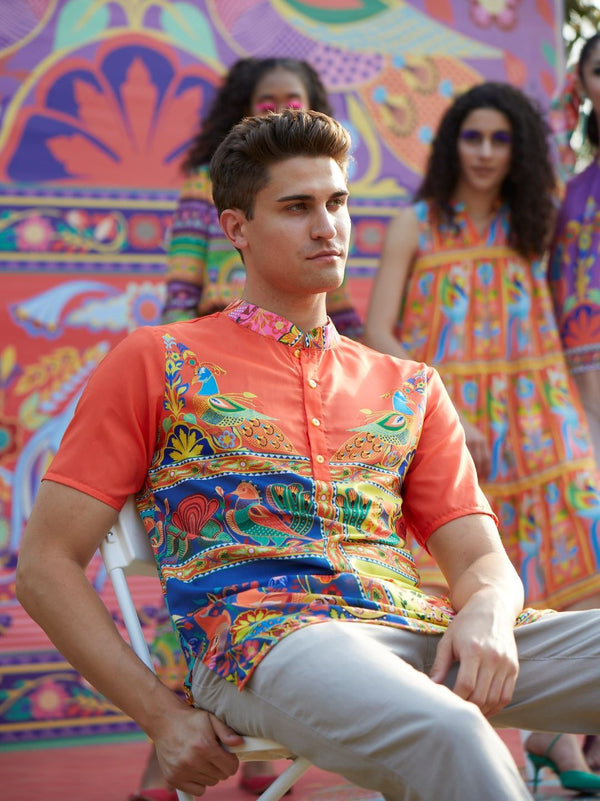 Men's Orange Yellow Digital Print Short Kurta - Aks Men