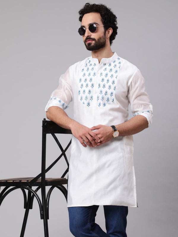 Men's White & Blue Hand Block Print Kurta - Aks Men