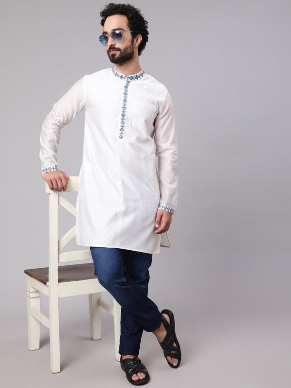 Men's White Kurta With Embroidered Details - Aks Men