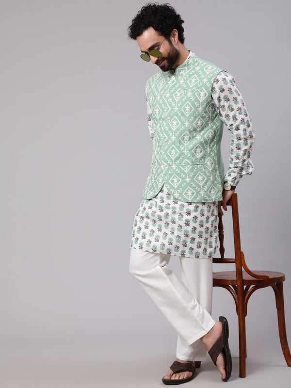 Men's Pastel Green Embroidered Nehru Jacket - Aks Men