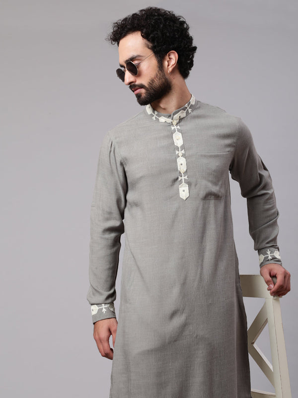 Men's Grey Kurta With Embroidered Details - Aks Men