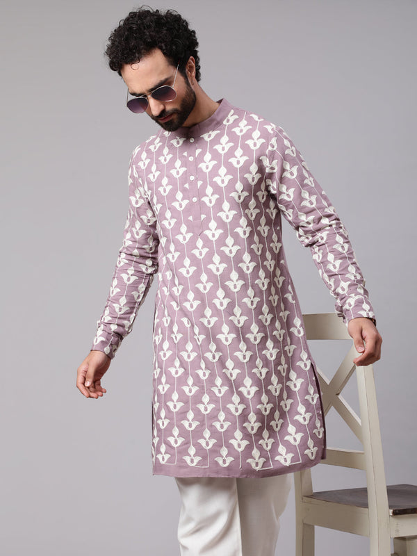 Men's Mauve Embroidered Long Kurta - Aks Men