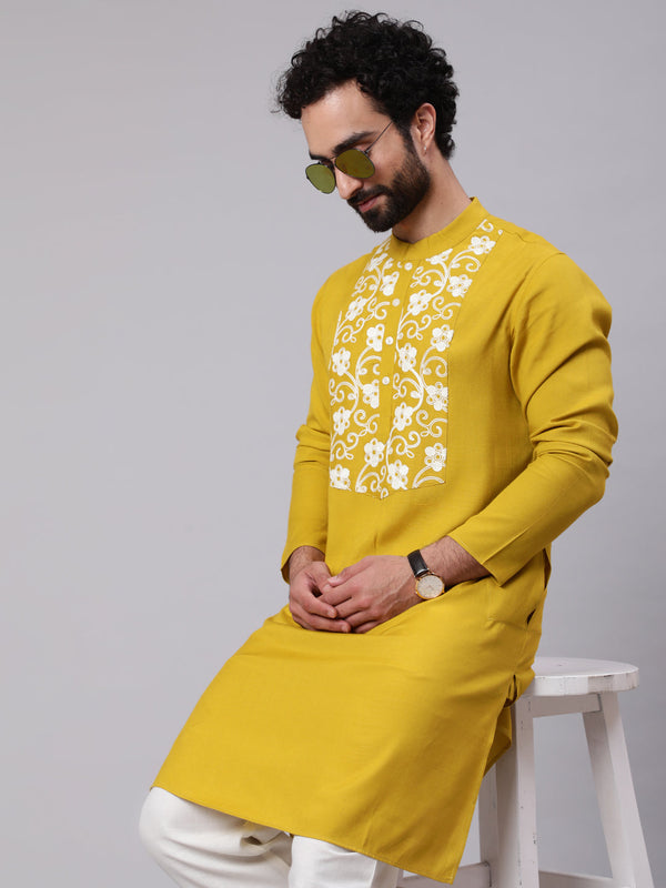 Men's Mustard Embroidered Long Kurta - Aks Men