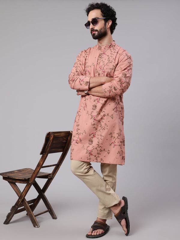 Men's Brown Leaf Print Long Kurta - Aks Men