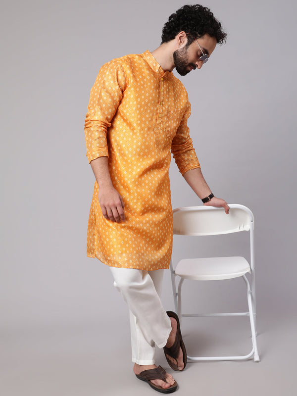 Men's Yellow Digital Print Long Kurta - Aks Men