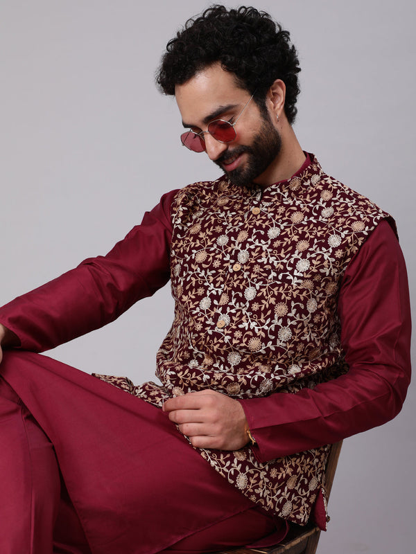 Men's Wine Kurta Churidar With Embroidered Nehru Jacket - Aks Men