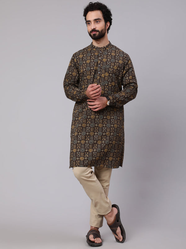 Men's Olive Abstract Print Long Kurta - Aks Men