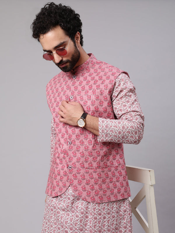 Men's Mauve White Floral Print Kurta Pyjama With Nehru Jacket - Aks Men