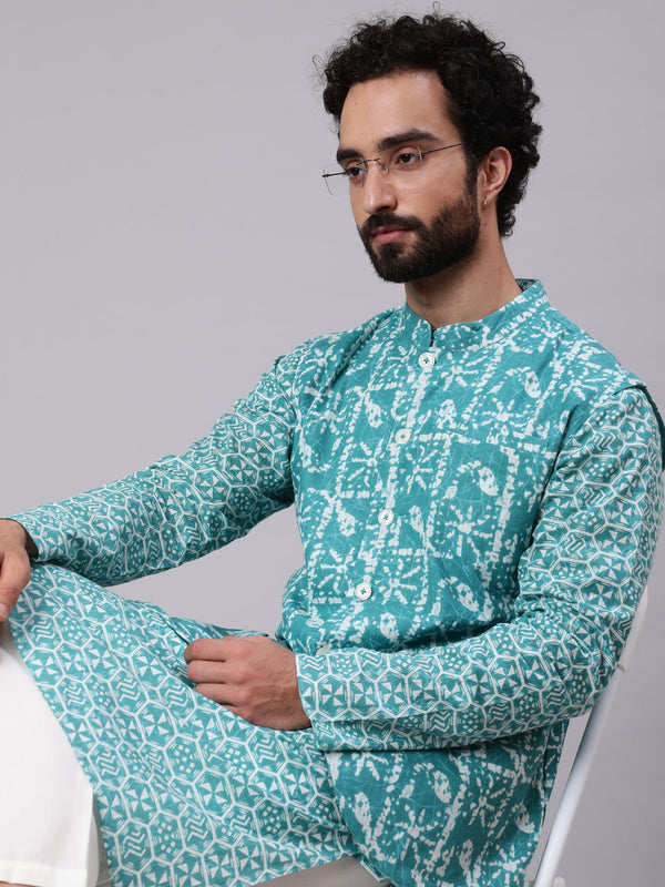 Men's Turquoise Blue Printed Kurta With Nehru Jacket - Aks Men