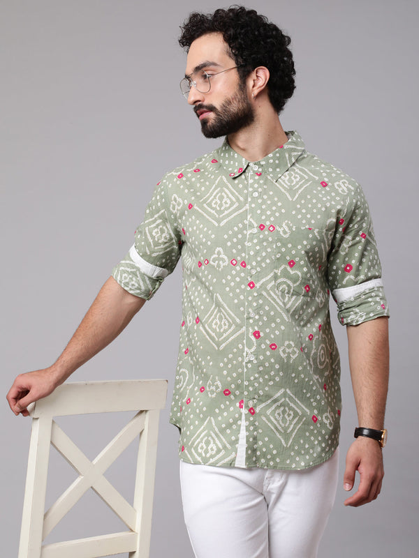 Men's Pastel Green Bandhani Print Shirt - Aks Men