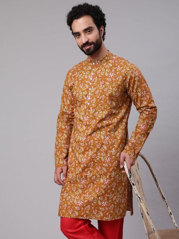 Men's Mustard Floral Print Long Kurta - Aks Men