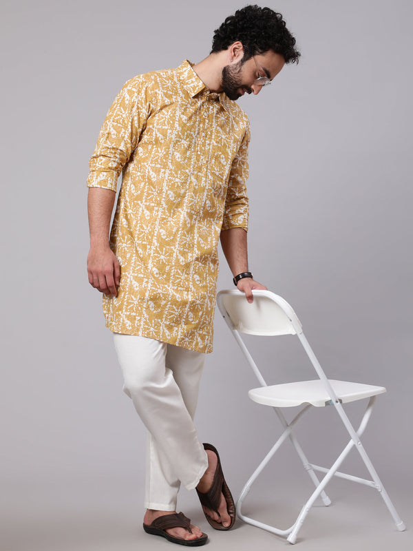 Men's Yellow Printed Short Kurta - Aks Men