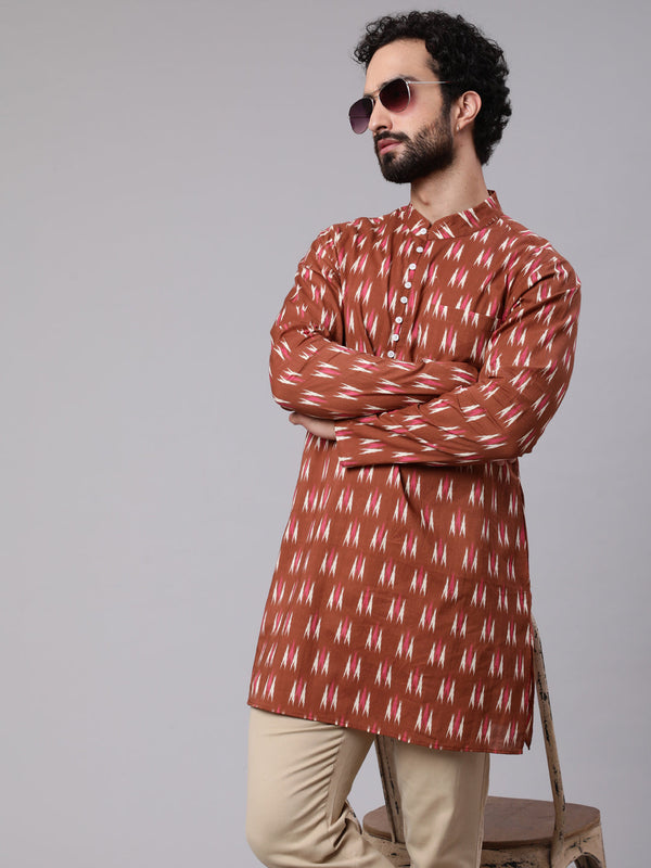 Men's Brown Ikat Print Long Kurta - Aks Men