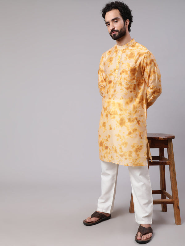 Men's Beige Tie & Dye Print Long Kurta - Aks Men