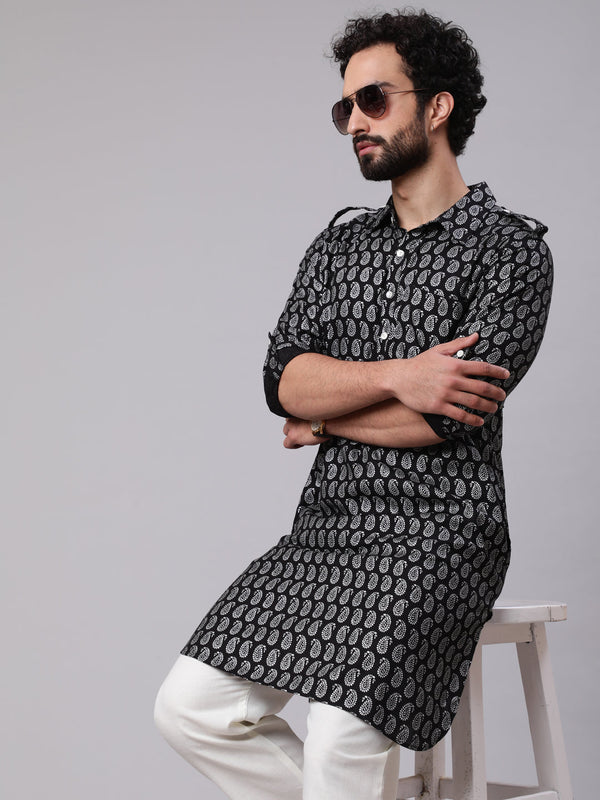 Men's Black Paisley Print Pathani Kurta - Aks Men