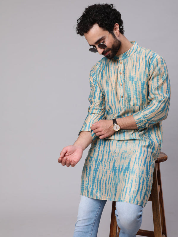 Men's Cream & Blue Shibori Print Kurta - Aks Men