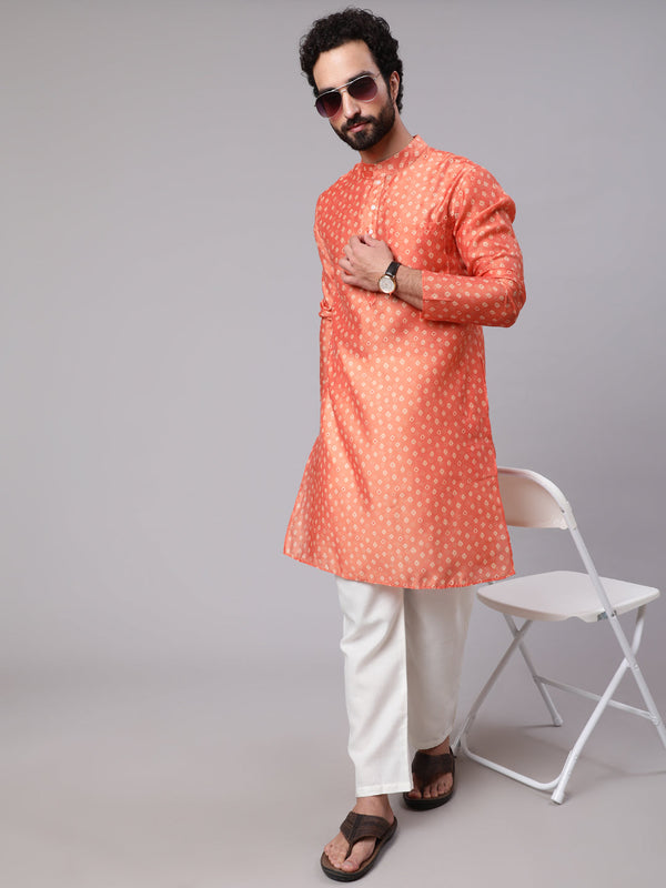 Men's Orange Digital Print Long Kurta - Aks Men