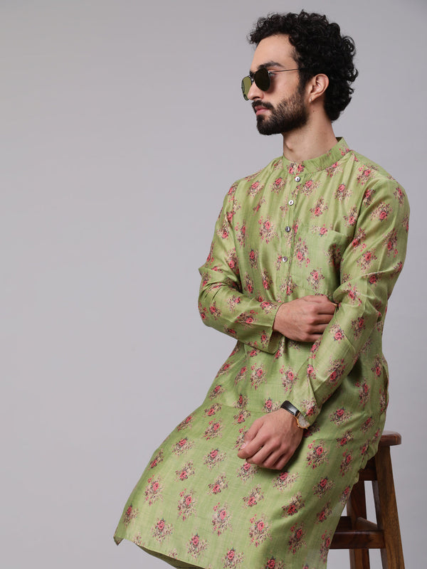 Men's Green Floral Print Kurta With Churidar - Aks Men