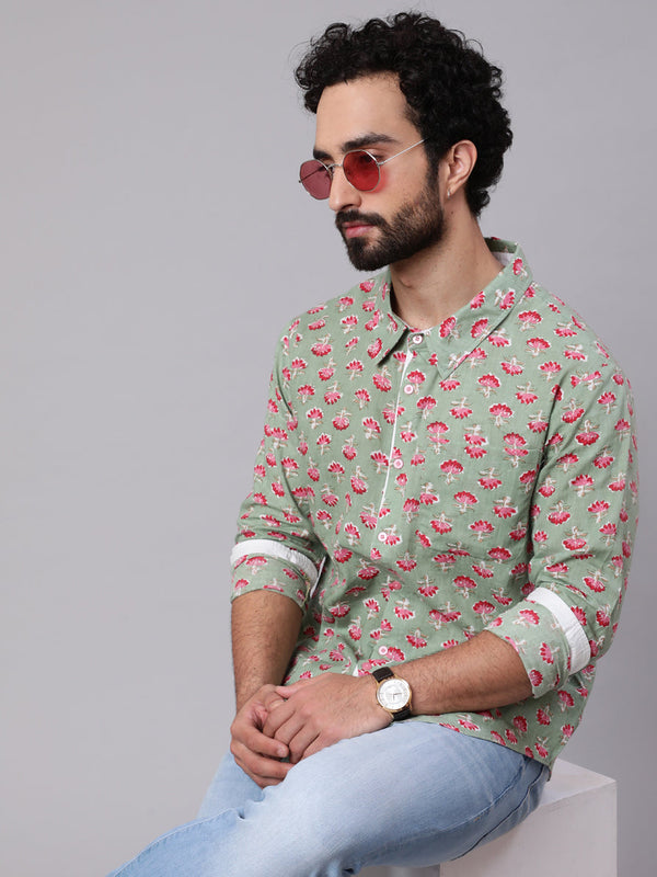 Men's Pastel Green Floral Print Shirt - Aks Men