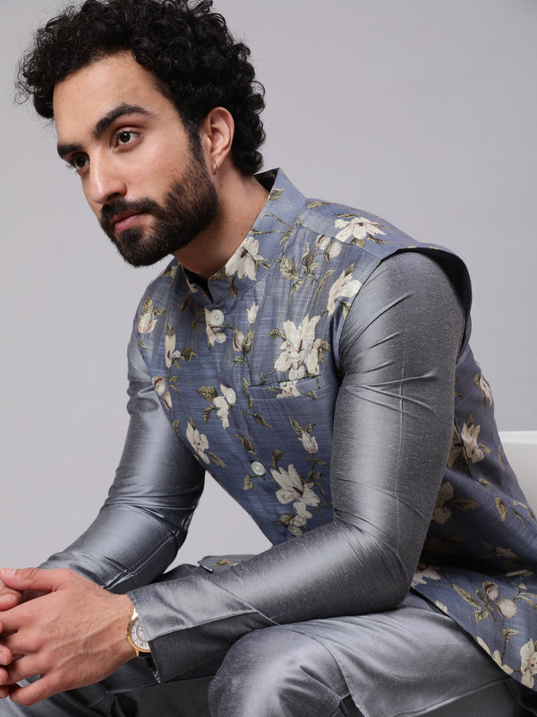 Men's Grey Kurta Pyjama With Floral Print Nehru Jacket - Aks Men