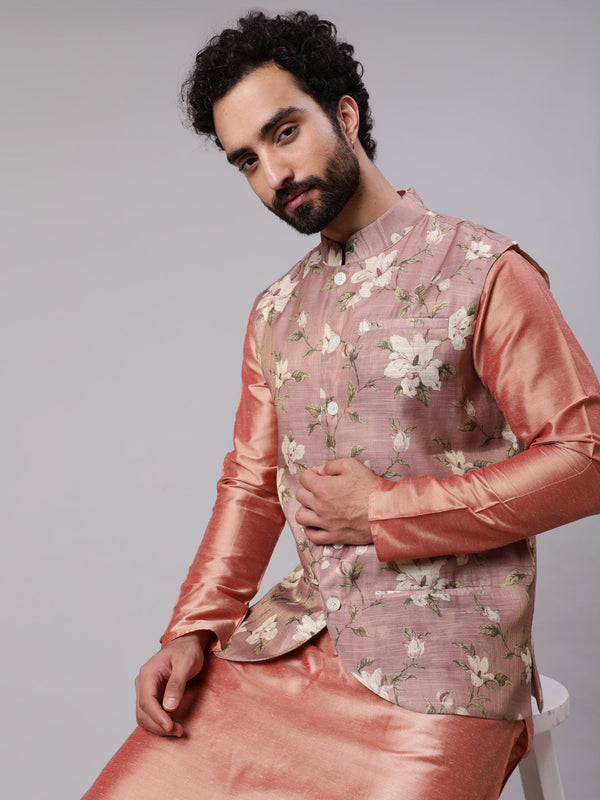 Men's Rose Gold Kurta Pyjana With Floral Print Nehru Jacket - Aks Men