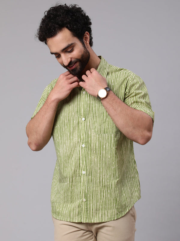 Men's Green Striped Shirt With Roll-Up Sleeve - Aks Men