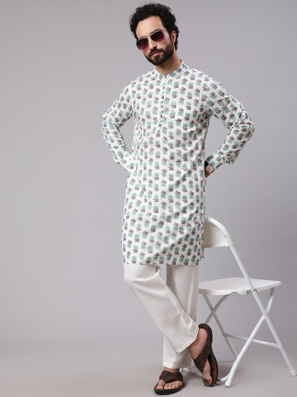 Men's White Floral Print Long Kurta - Aks Men