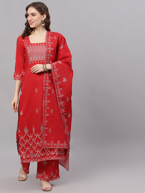 Women's Red Printed Kurta With Palazzo - Aks