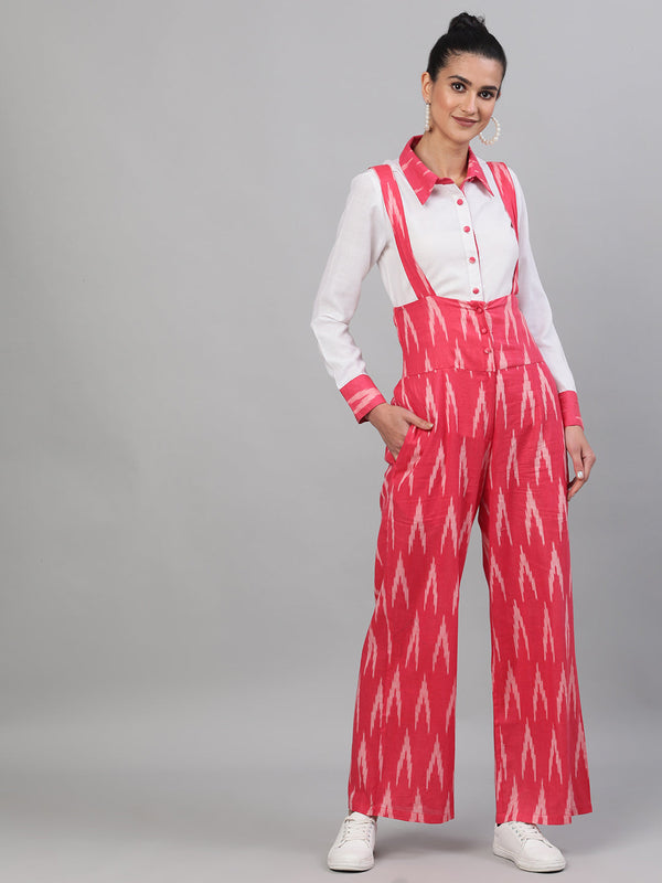 Women's Pink Ikat Designed Dungaree With Shirt - Aks