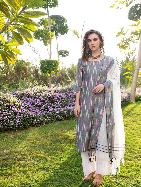 Women's Grey Ikat Designed Kurta Palazzo With Dupatta - Aks