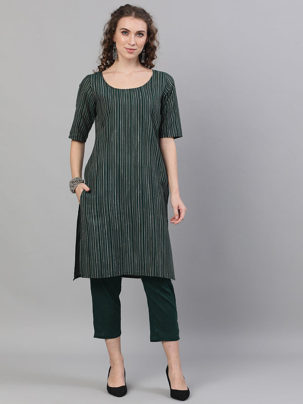 Women's Green Striped Kurta With Capri - Aks