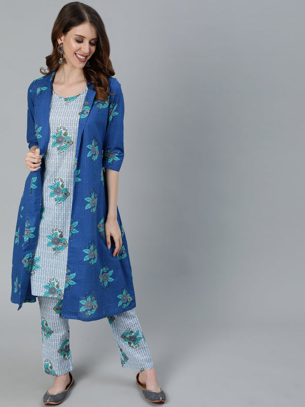 Women's Blue Floral Print Kurta Pant With Jacket - Aks