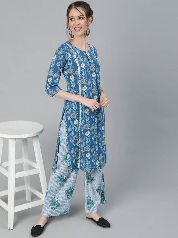 Women's Blue Floral Print Kurta With Palazzo - Aks