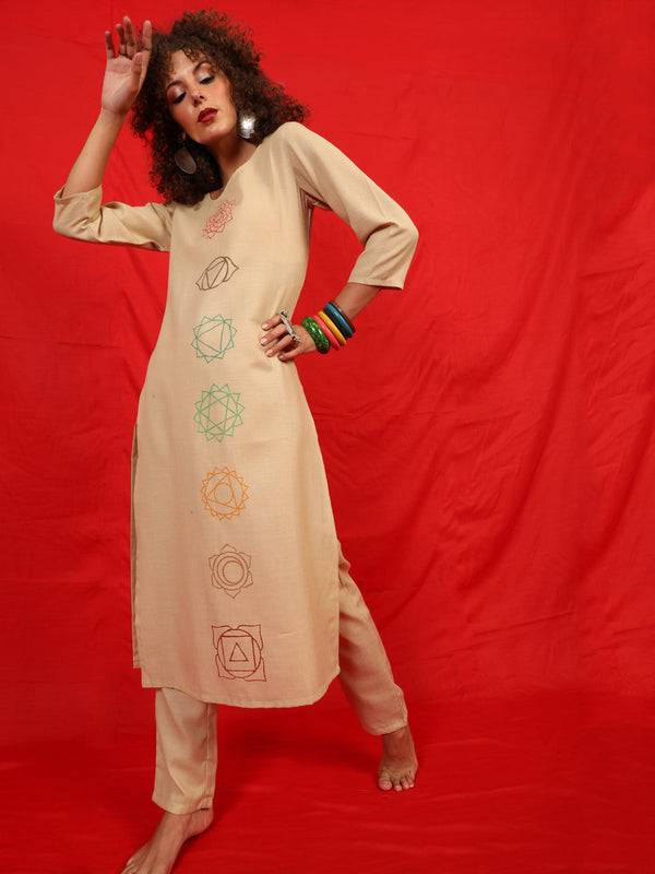 Women's Beige Block Print Kurta With Palazzo - Aks