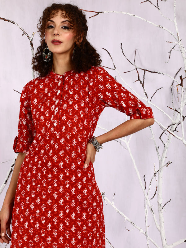 Women's Red Printed Straight Kurta With Pant - Aks