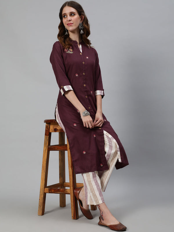 Women's Floral Embroidered Straight Kurta with Pant - Aks