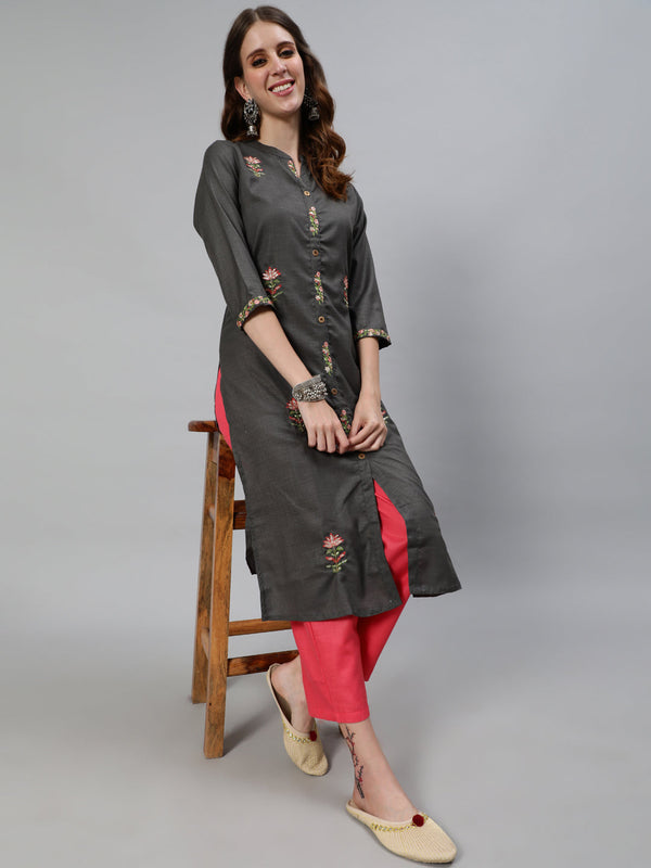 Women's Grey Embroidered Kurta With Pant - Aks