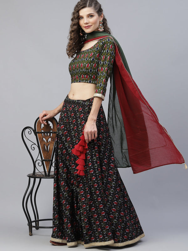 Women's Green Patola Print Lehenga Choli With Dupatta - Aks