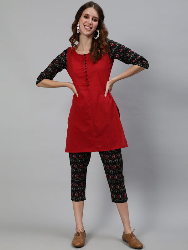 Women's Maroon Patola Print Kurta With Capri Pant - Aks