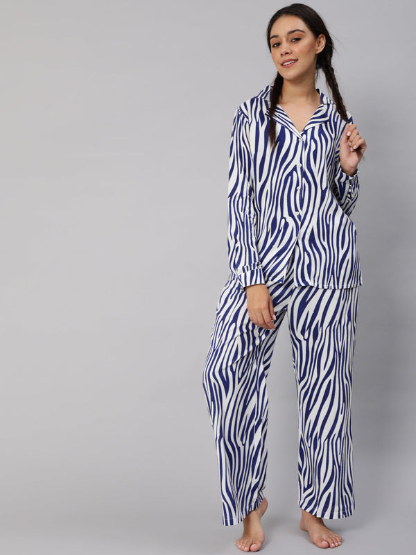 Women's Blue Animal Printed Co Ord Set - Aks