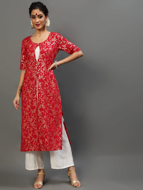 Women's Red Gold Printed Layered Kurta With Palazzo - Aks