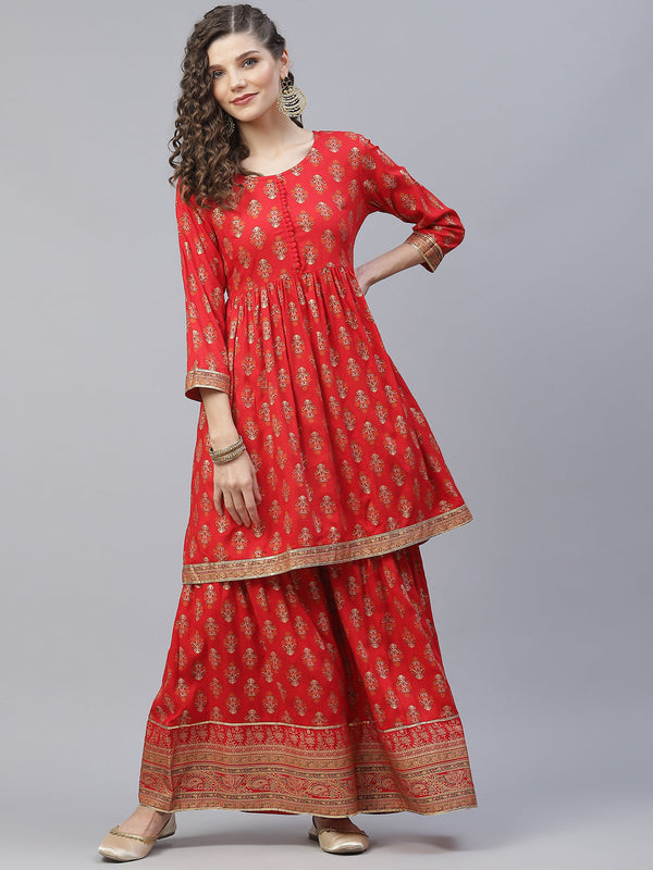 Women's Red Gold Printed Gathered Kurta With Sharara - Aks