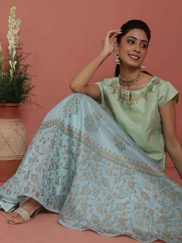 Women's Pastel Blue Block Print Lehenga Choli - Aks