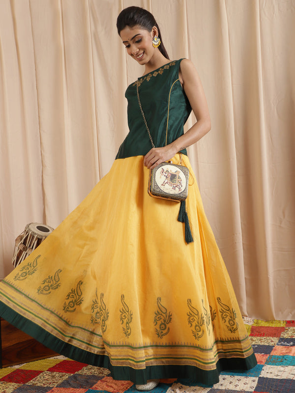 Women's Yellow Block Print Lehenga Choli - Aks