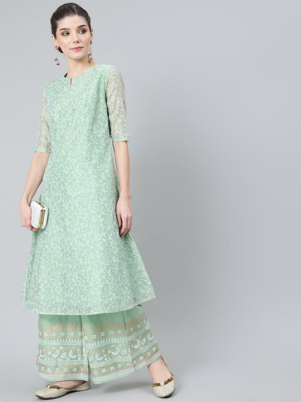 Women's Pastel Green Block Print A-Line Kurta With Palazzo - Aks