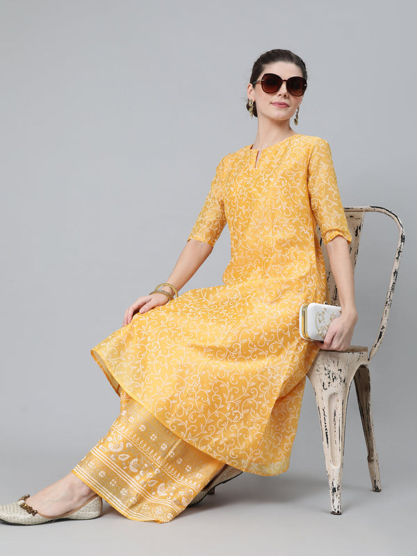 Women's Yellow Block Print A-Line Kurta With Palazzo Set - Aks