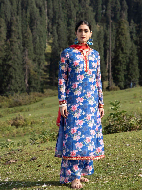 Women's Blue Floral Print Kurta Palazzo With Dupatta - Aks